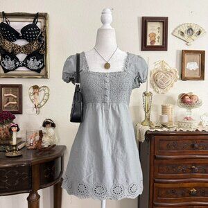 y2k dianty coquette twee gray cap sleeve long babydoll top w ruffle trim